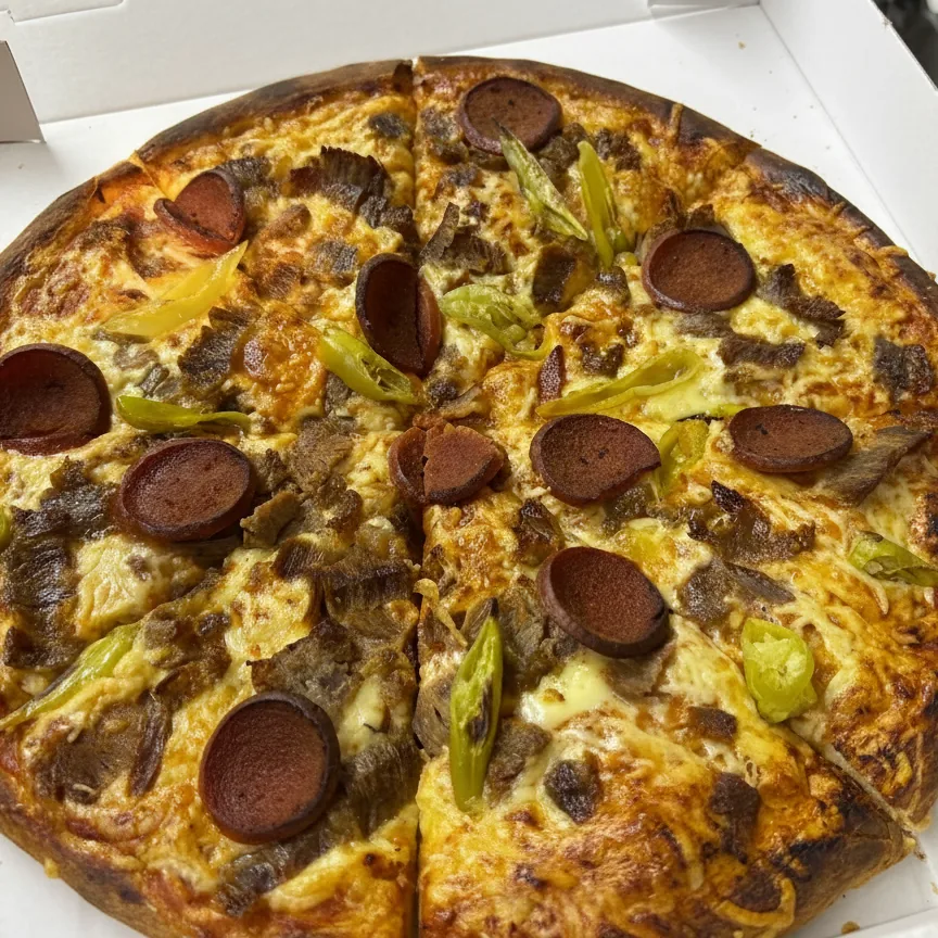 Frisch gebackene Pizza mit Sucuk, Käse und frischem Gemüse aus Selims Ofen